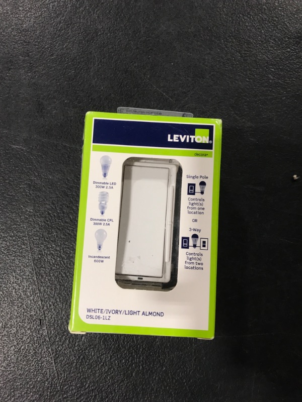 Photo 1 of Leviton DSL06-1LZ Decora Universal Rocker Slide Dimmer 300-Watt LED and CFL/600-Watt Incandescent, 1-Pack, White/Ivory/Light Almond