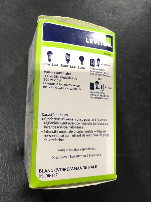 Photo 1 of Leviton DSL06-1LZ Decora Universal Rocker Slide Dimmer 300-Watt LED and CFL/600-Watt Incandescent, 1-Pack, White/Ivory/Light Almond