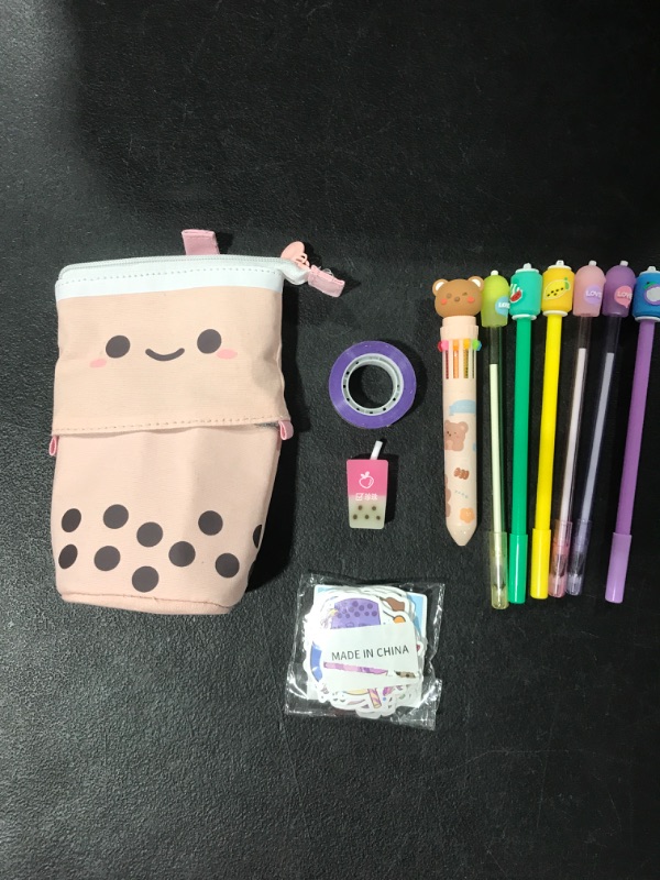 Photo 2 of 61-Piece Set Kawaii Stationary Set comes with 1 Pop Up Boba Pencil Case, 1 Boba Kawaii Eraser, 6 Kawaii Pens, 50 Bubble Tea Stickers & 1 Kawaii Multiple Color Pen In One - Cute PINK Kawaii Stationary Boba Tea Stationary (Pink)