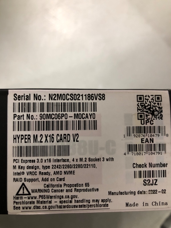 Photo 3 of ASUS Hyper M.2 X16 PCIe 3.0 X4 Expansion Card V2 Supports 4 NVMe M.2 (2242/2260/2280/22110) Upto 128 Gbps for Intel VROC and AMD Ryzen Threadripper NVMe Raid