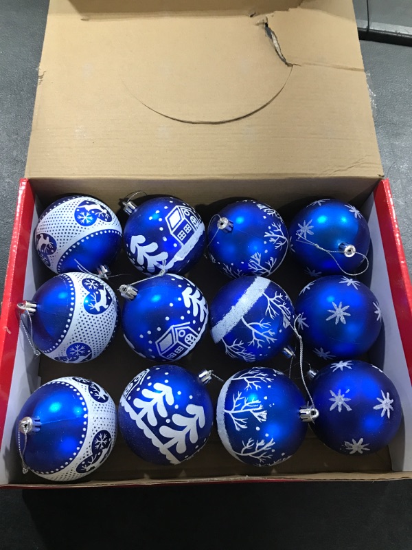 Photo 2 of 12-Pack Christmas Balls Ornaments 3.15-Inch Blue Glittered Print Ball for Tree Decoration Shatterproof Hand Painting Hanging Ornaments for Xmas Home Decor Festival Party Holiday
