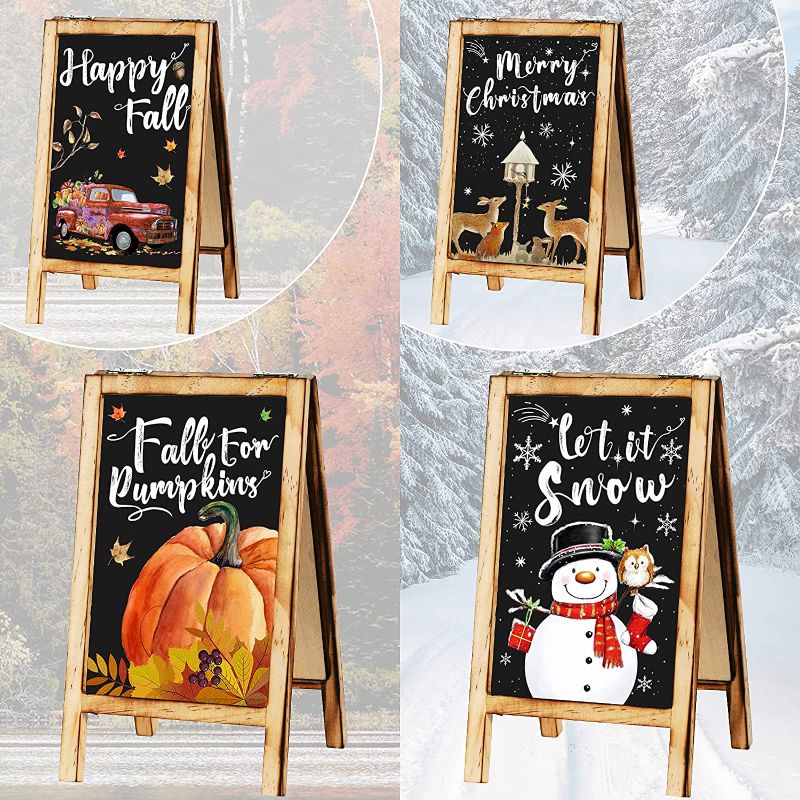 Photo 1 of 2 Pieces Christmas Mini Easel with Double-Sided Holiday Messages Sign Winter Tiered Tray Decoration Set Snowman Table Decor Sign for Home Decor
