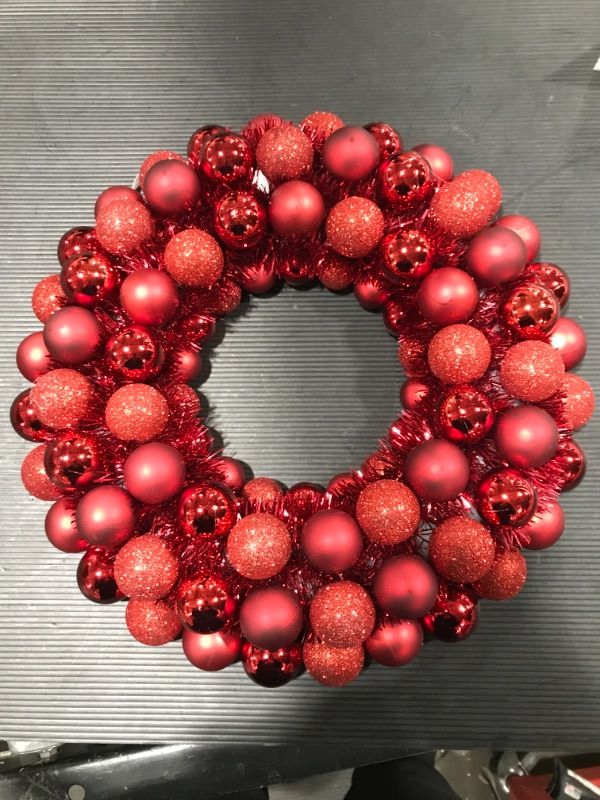 Photo 2 of 16 Inch Christmas Ball Wreath Home Party Decors Xmas Front Door Decorative Hanging Christmaswreaths Ball Ornaments Red