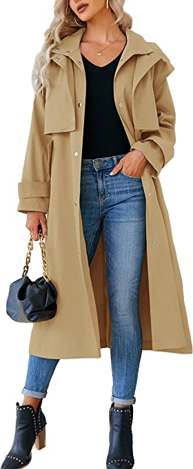 Photo 1 of Jauoop Womens Single Breasted Long Trench Coat Stand Collar Hooded Cape Windproof Overcoat SIZE MEDIUM 