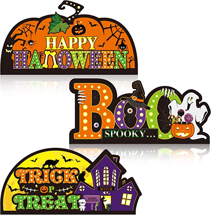 Photo 1 of 3 Pieces Wood Halloween Table Decorations Happy Halloween Pumpkin Table Centerpiece Trick or Treat Spooky Wood Sign Witch Ghost Hat Table Decor with LED String Lights for Halloween Party Bar Supplies