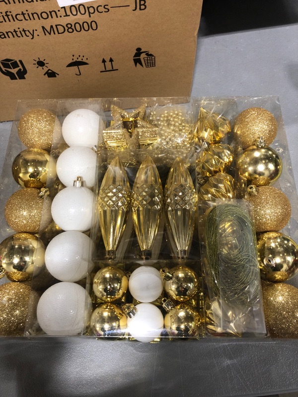 Photo 2 of 100PCS Christmas Tree Balls Ornaments Set with Christmas Tree Topper, Gold Christmas Ornaments Sets for Christmas Tree, Shatterproof Hanging Christmas Tree Decorations