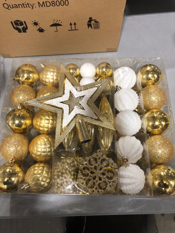 Photo 1 of 100PCS Christmas Tree Balls Ornaments Set with Christmas Tree Topper, Gold Christmas Ornaments Sets for Christmas Tree, Shatterproof Hanging Christmas Tree Decorations