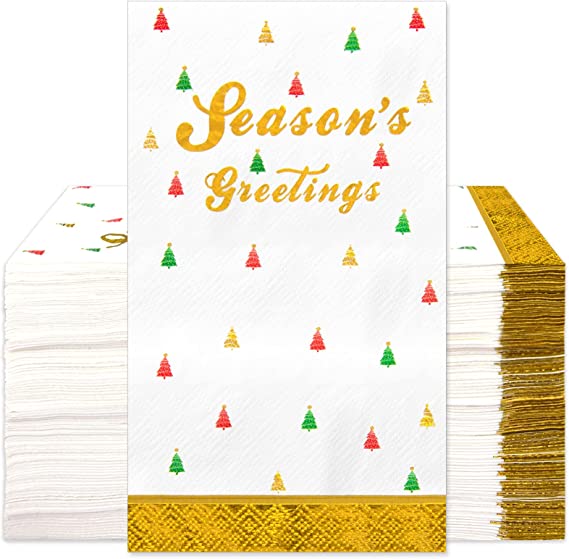 Photo 1 of 100 Christmas Napkins Paper Guest Towels 3 Ply Gold Foil Xmas Tree Decorative Guest Napkins Disposable Hand Towels for Bathroom Dinner Home Kitchen Winter Holiday Party Supplies Decor