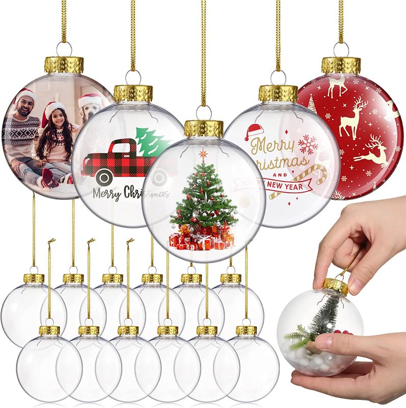 Photo 1 of 3.15 Inch Christmas Clear Plastic Fillable Ornament Balls with Lid and Rope Transparent Christmas Decoration Baubles for DIY Crafts Christmas Tree Home Decor Party Wedding, 80mm (Gold, 16 Pcs) 