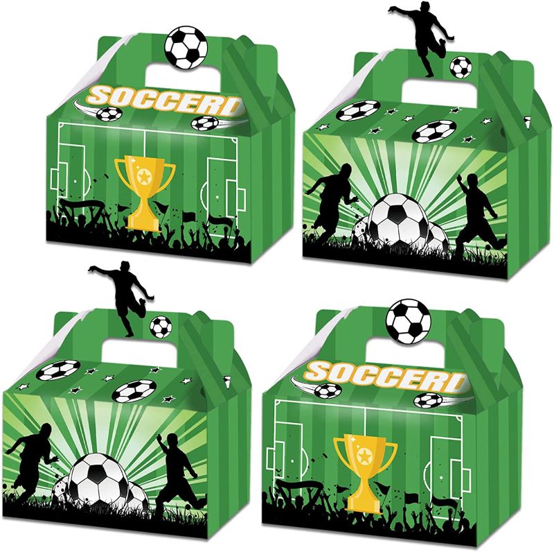 Photo 1 of 14 Pack Soccer Party Treat Boxes- 2022 World Cup Party Decoration Gift Bag Snack with Handles Goodies Boxes Kids Party Supplies