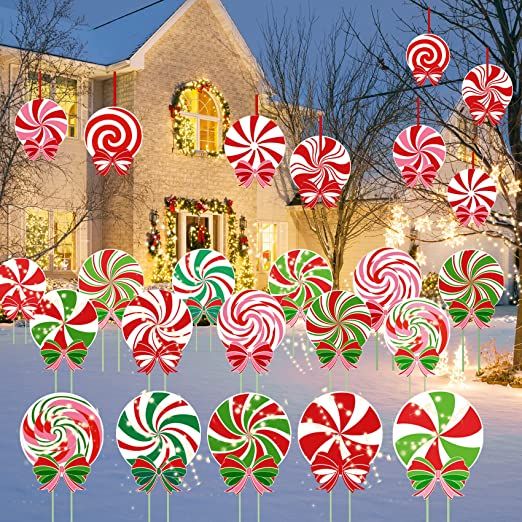 Photo 1 of 24 PCS Christmas Outdoor Yard Signs Candy Decorations Outdoor Peppermint LED lights Xmas Yard Stakes Hanging Ornaments Holiday Garden Sign Cardboard Signs for Party Porch and Tree Yard Lawn Walkway Decor
