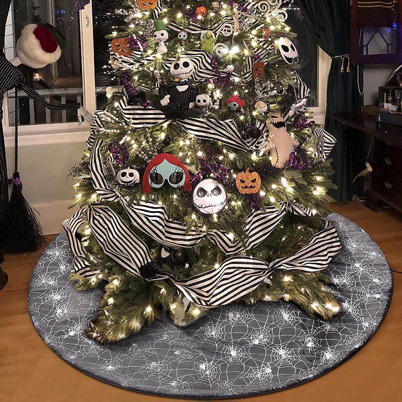 Photo 1 of yuboo Grey Tree Skirt with Foil Silver Spider,36 inches Xmas Tree Ornaments for Silver Black Christmas Decorations 