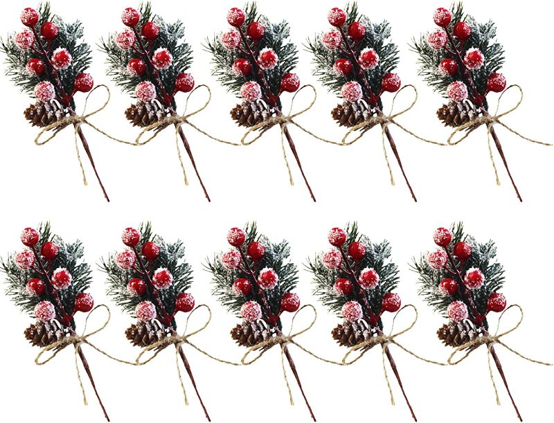Photo 1 of 10Pcs Christmas Artificial Berries Pine Cones Stems Decor, Faux Red Berry Stem Simulation Pinecones Branches for Xmas Tree Decorations, Floral Arrangement DIY Wreath Winter Holiday Décor 
