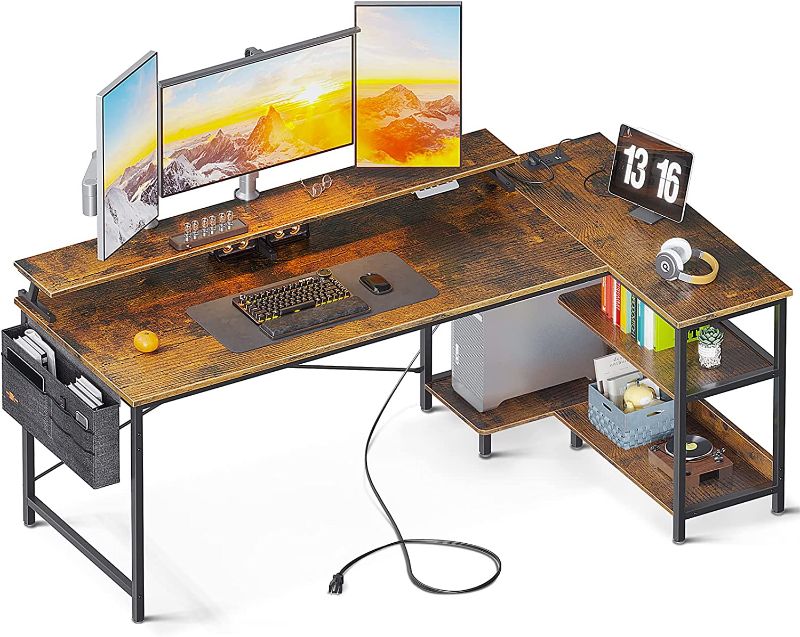 Photo 1 of ODK L Shaped 66 Inch Computer Desk with USB Charging Port & Power Outlet, L-Shaped Corner Desk with Storage Shelves & Monitor Shelf for Home Office Workstation, Modern Writing Table, Vintage