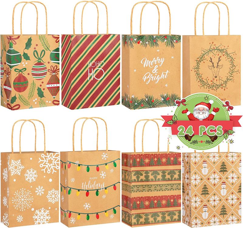 Photo 1 of  DECORLIFE Christmas Gift Bags, 24PCS Kraft Christmas Paper Bags with Handles, Assorted Holiday Gift Bags Bulk, Christmas Goodie Bag for Xmas Present 