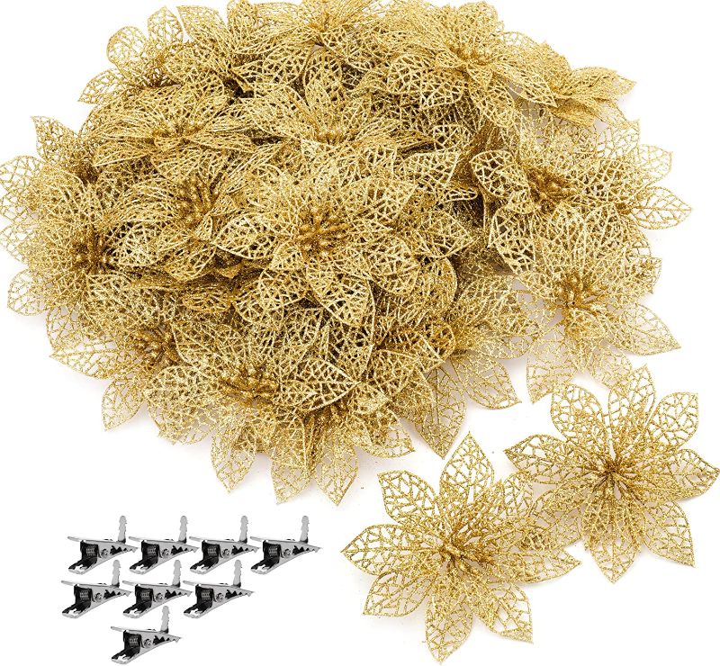 Photo 1 of  WUWEOT 40 Pack Christmas Gold Glitter Poinsettia Flowers Picks with Clips, Christmas Tree Ornaments 5.5" Wide for Christmas Tree Wreaths Garland Holiday Seasonal Wedding Decorations