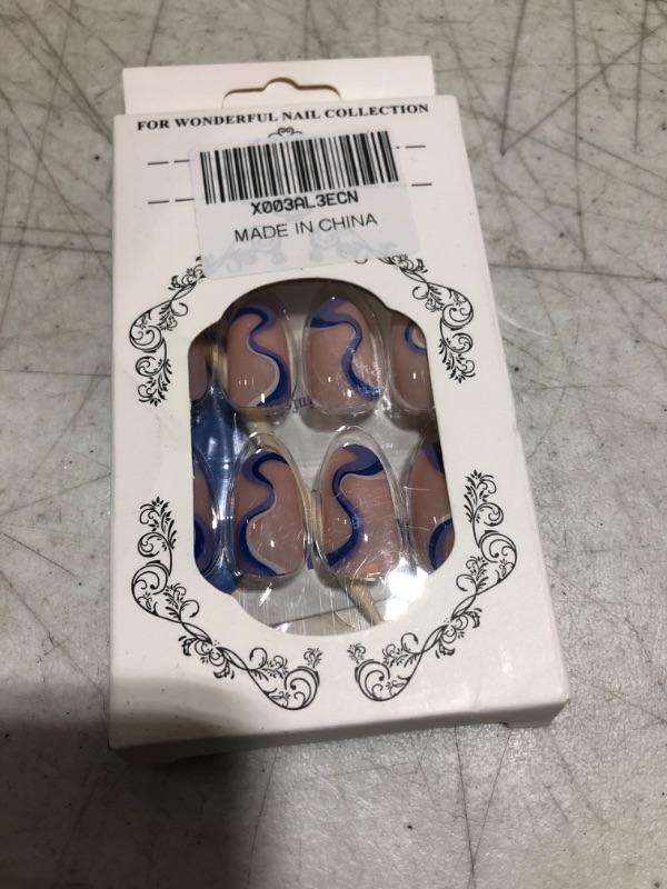 Photo 2 of 24Pcs Press on Nails Short Fake Nails with Nail Glue Glossy Almond Shape Glue on Nails, French Press on False Nails with Designs Blue Swirls Acrylic Nails Full Cover Stick On Nails for Women&Girls style6