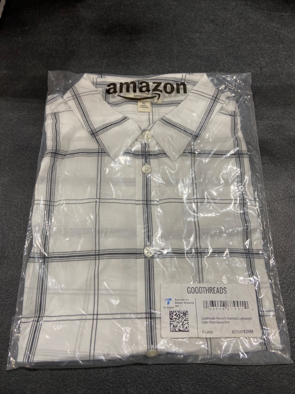 Photo 2 of Amazon Brand - Goodthreads Women's Oversized Lightweight Cotton Short-Sleeve Shirt X-Large White, Windowpane