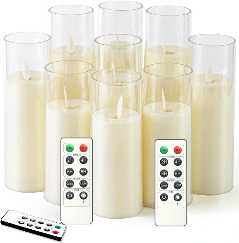 Photo 1 of kakoya Flickering Flameless Candles Battery Operated with Remote and 2/4/6/8 H Timer Plexiglass Led Pillar Candles Pack of 9 (D2.2"xH 5"6"7")with Realistic Moving Wick Candles for Home Decor(Ivory) 