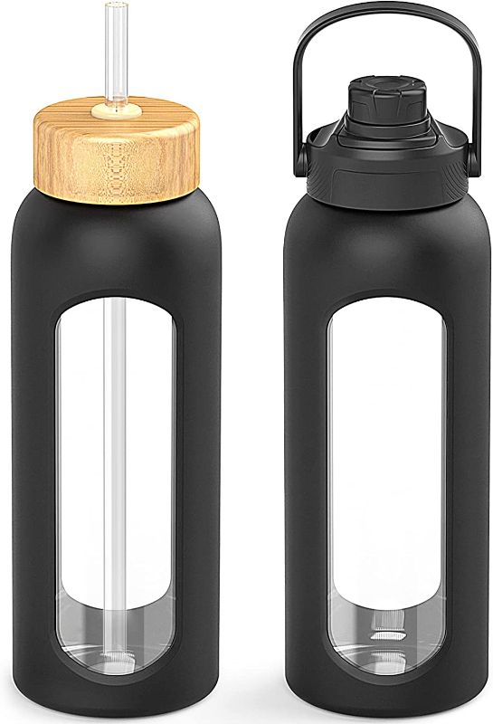 Photo 1 of 32 oz Water Bottle with 2 Lids - Handle Spout Lid & Bamboo Straw Lid,
COLOR BLUE