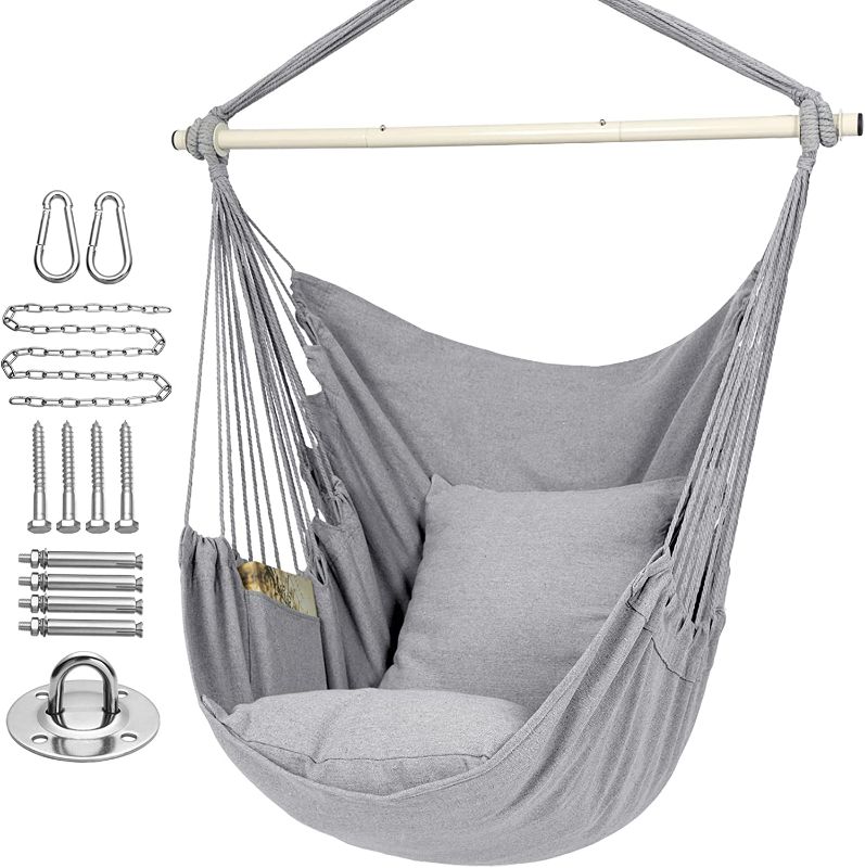 Photo 1 of Y- STOP Hammock Chair Hanging Rope Swing, Max 500 Lbs, 2 Seat Cushions Included, Quality Cotton Weave for Superior Comfort, Durability with Hardware Kit(Light Grey)
