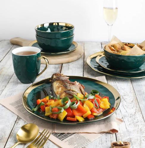 Photo 1 of 16-Piece Dishes for 4-Gold and Green Florian Modern Porcelain Dish Set
