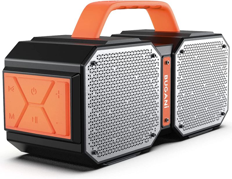 Photo 1 of Bluetooth Speaker, BUGANI M83 50W Portable Wireless Bluetooth Speakers, Bluetooth 5.2, Wireless Two Pairing,IPX6 Waterproof Outdoor Speaker, Stereo Super Power Sound,For Outdoors,Camping,Party, Orange
(MISSING CHARGER UNABLE TO TEST)
