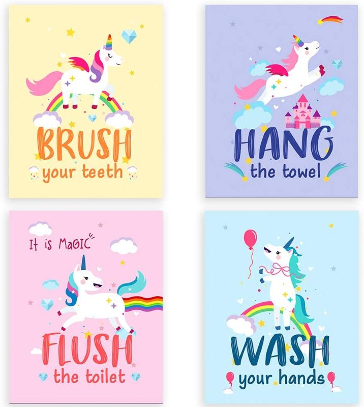 Photo 1 of CHIEN-CHI LILI SUUURA-OO Funny Colorful Unicorn Bathroom Watercolor Art Print Set of 4 (8”X10”), Unicorn art Poster for Nursery, girls Kids Bathroom Home Wall Decor, No Frame 