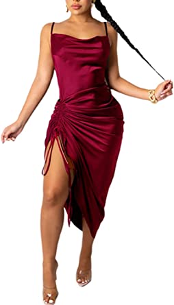 Photo 1 of  SIZE 2X Sulozom Women's Sleeveless Spaghetti Strap Ruched Satin Dress Drawstring Cowl Neck Midi Dresses 