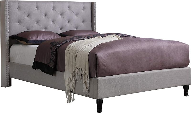 Photo 1 of (Box 2 of 2) Home Life Premiere Classics Cloth Light Grey Silver Linen 51 Tall Headboard Platform Bed with Slats Queen- Complete Bed 5 Year