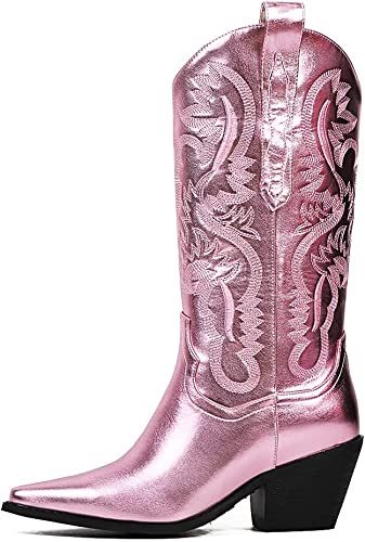 Photo 1 of Cowgirl Boots Cowboy Boots for Women Western Mid Calf Boots Fashion Retro Pointed Toe Pull On Wide Calf Long Tall Block Chunky Heel Embroidered Boots Size 8