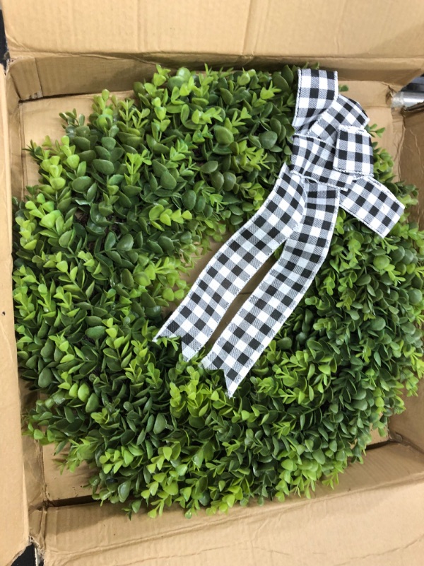 Photo 2 of 23" Faux Round Boxwood Wreath, Vlorart Artificial Boxwood Wreath Front Door Wreaths Artificial Spring Summer Greenery Hanging with A Plaid Bow for Front Door Wall Hanging Window Wedding Party Decor 23inch