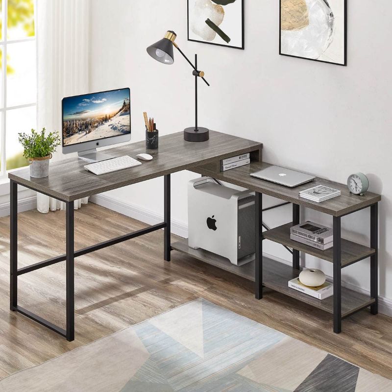 Photo 1 of BON AUGURE Industrial L Shaped Computer Desk with Shelves, Rustic Wood Home Office Desks, Reversible Corner Desk with Storage (59 Inch, Dark Grey Oak)