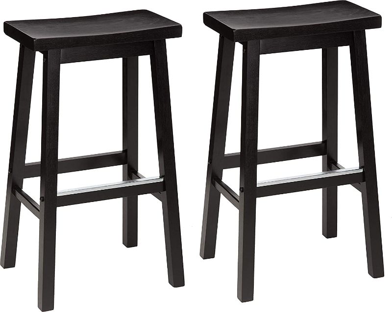 Photo 1 of Amazon Basics Solid Wood Saddle-Seat Kitchen Counter Barstool - Set of 2, 29-Inch Height, Black
