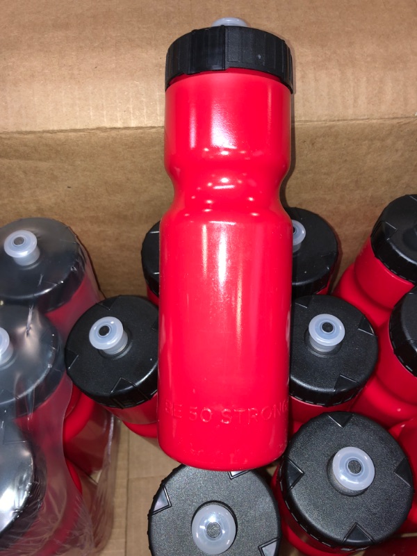 Photo 2 of Strong Bulk Water Bottles | 24 Pack Sports Bottle | 22 oz. BPA-Free Easy Open with Pull Top Cap | Made in USA | Reusable Plastic Water Bottles for Adults & Kids | Top Rack Dishwasher Safe Red