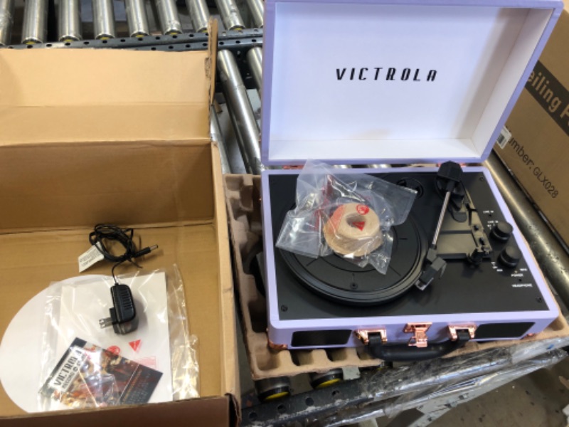 Photo 2 of Victrola Vintage 3-Speed Bluetooth Portable Suitcase Record Player with Built-in Speakers | Upgraded Turntable Audio Sound | Lavender (VSC-550BT-LVG) Lavender/Silver Record Player