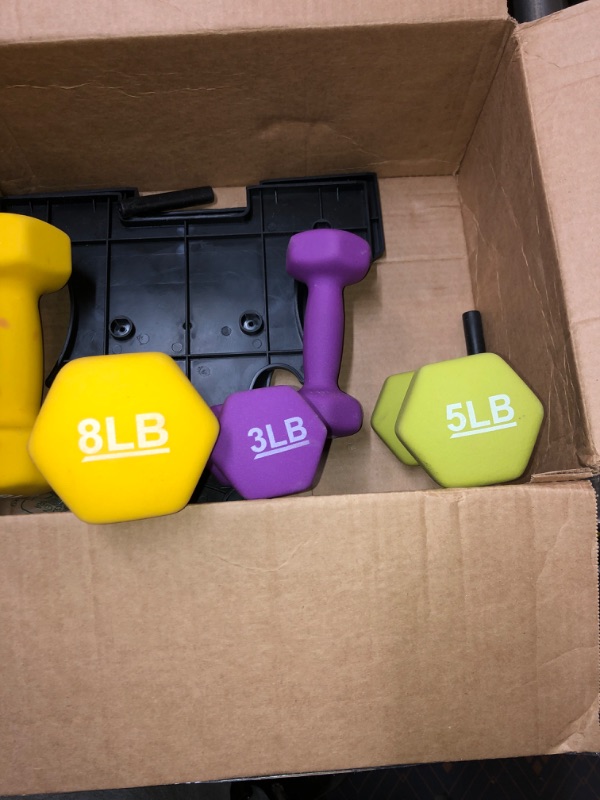 Photo 3 of Amazon Basics Neoprene Workout Dumbbell Multicolor 32-Pounds total - 3 Pairs (3-Lb, 5-Lb, 8-Lb) & Weight Rack Weight Set