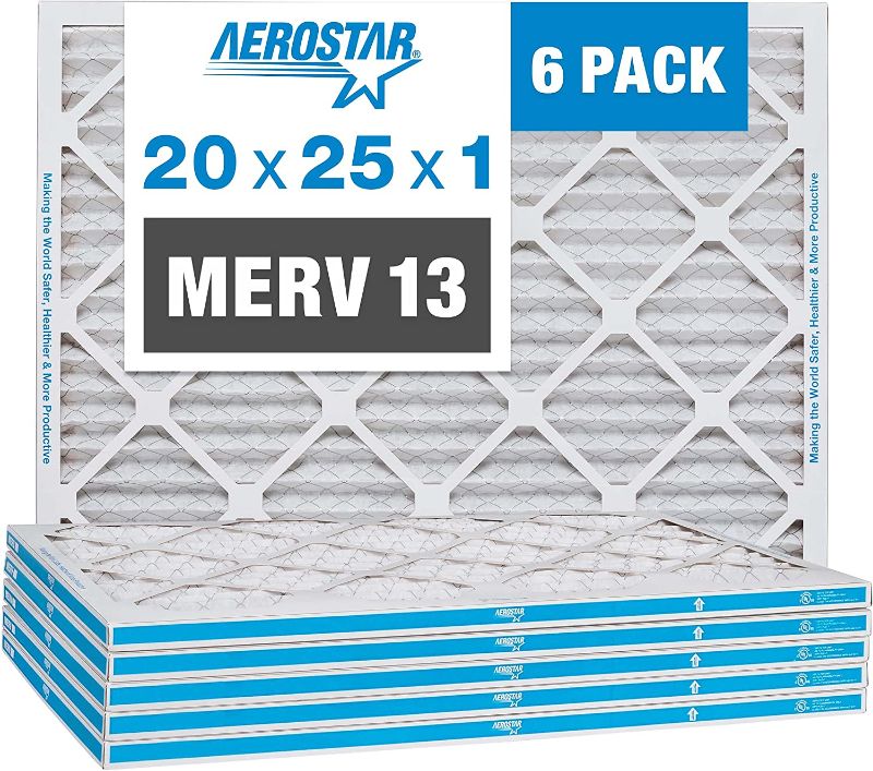 Photo 1 of Aerostar 20x25x1 MERV 13 Pleated Air Filter, AC Furnace Air Filter, 6 Pack (Actual Size: 19 3/4"x 24 3/4" x 3/4")
