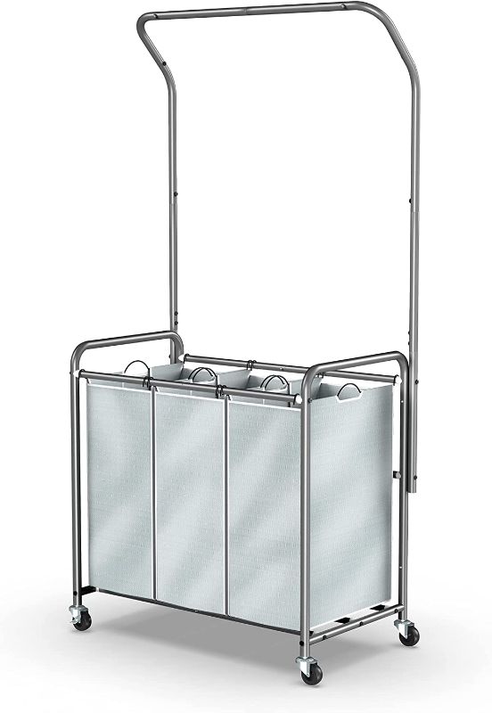 Photo 1 of  Laundry Sorter with Hanging Bar, 3 Section Laundry Hamper with Heavy Duty Wheels, Laundry Basket Organizer with Hanging Clothing Rack, Grey
