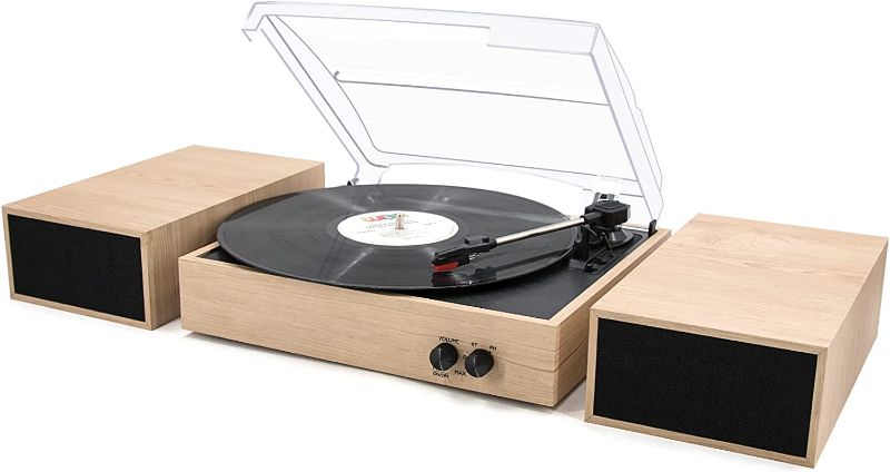 Photo 1 of LP&No.1 Bluetooth Turntable with Stereo Bookshelf Speakers, 3 Speed Vintage Belt-Drive Turntable with Wireless Playback & Auto-Stop & Bluetooth Input, Burlywood
