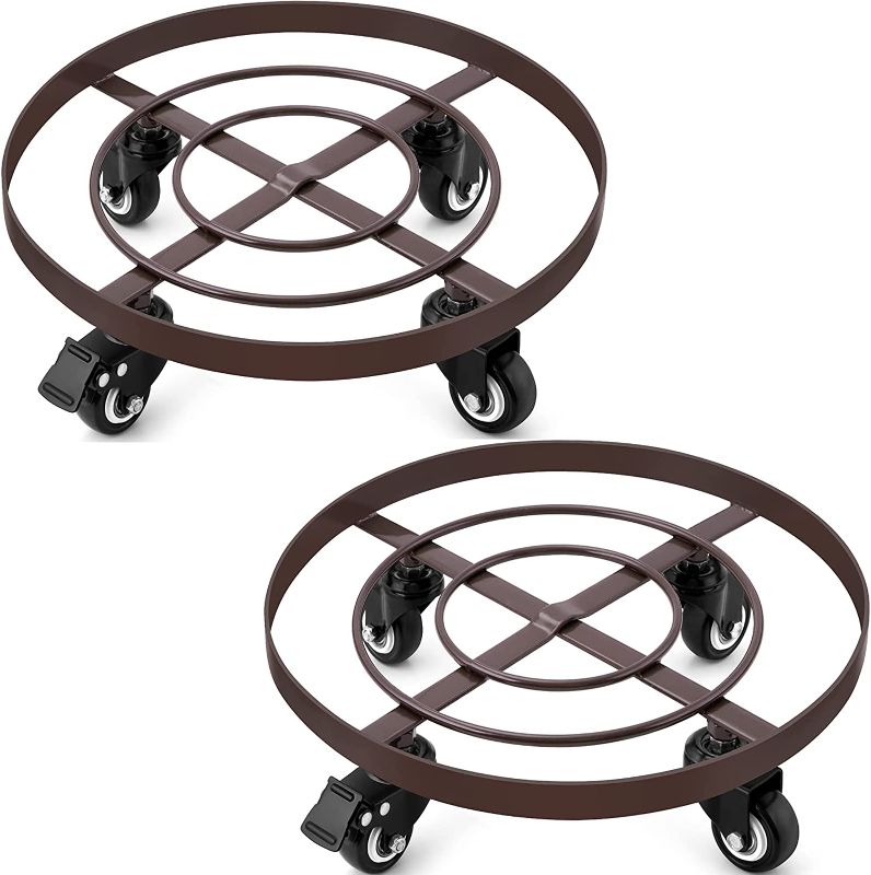 Photo 1 of Amagabeli 2 Pack 14" Metal Plant Caddy Heavy Duty Iron Rolling Potted Plant Stand Rollers with Wheels Round Flower Pot Rack on Dolly Holder Indoor Outdoor Planter Trolley Casters Coaster Brown BG443
