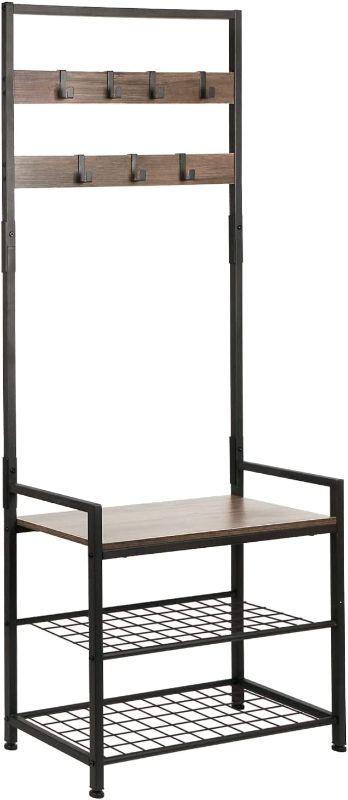 Photo 1 of  Coat Rack Shoe Bench, Hall Tree Entryway Storage Bench, Wood Look Accent Furniture with Metal Frame, 3-in-1 Design (Dark Brown)
