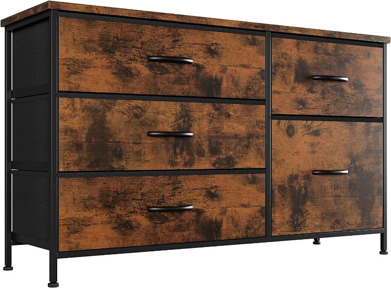 Photo 1 of Nicehill Dresser for Bedroom with 5 Drawers, Storage Drawer Organizer, Wide Chest of Drawers for Closet, Clothes, Kids, Baby, TV Stand with Storage Drawers, Wood Board, Fabric Drawers (Rustic Brown)
