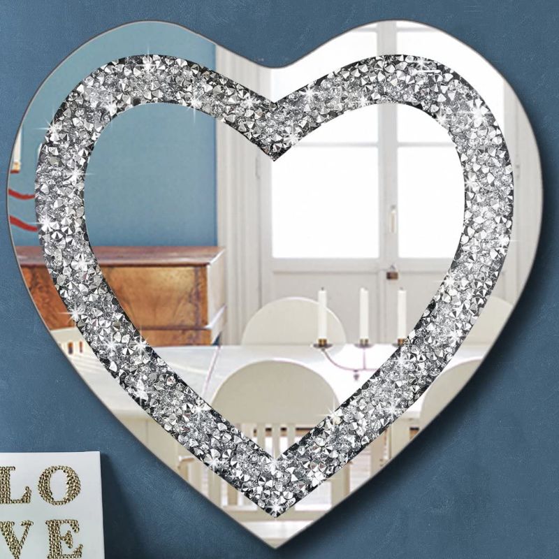 Photo 1 of  Crystal Crush Diamond Heart Shaped Silver Mirror for Wall Decoration 24x24x1 inch Wall Hang Frameless Mirror Acrylic Diamond Décor.