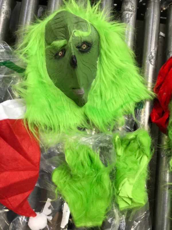 Photo 3 of 5-piece Christmas Deluxe Green Monster Costume - Suit Deluxe Adult with Green Monster Mask and Red Christmas Hat - NO SIZE (ADULT)
