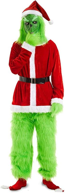 Photo 1 of 5-piece Christmas Deluxe Green Monster Costume - Suit Deluxe Adult with Green Monster Mask and Red Christmas Hat - NO SIZE (ADULT)
