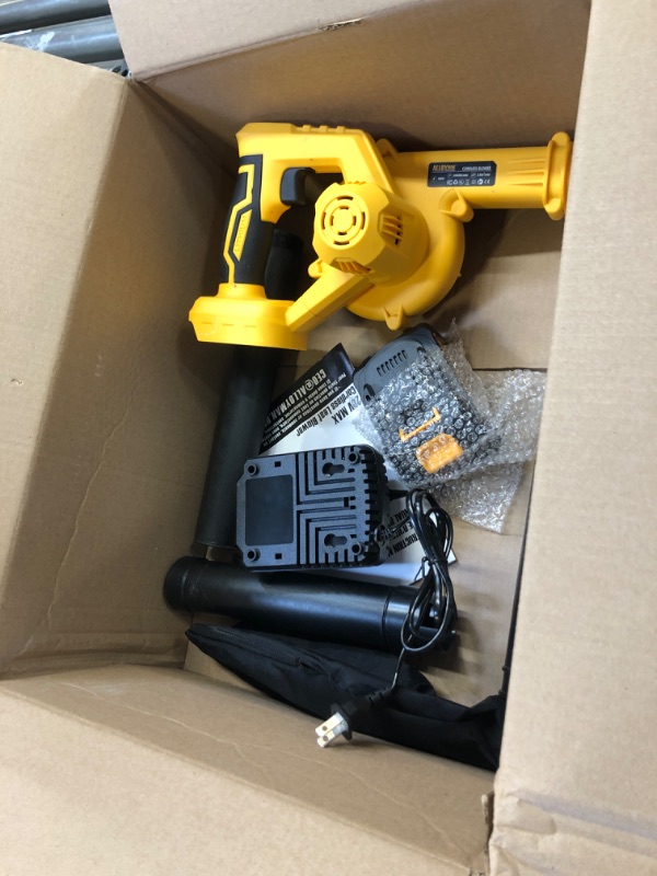 Photo 2 of Alloyman Leaf Blower, 20V Cordless Leaf Blower, with 4.0Ah Battery & Charger, 2-in-1 Electric Leaf Blower & Vacuum for Yard Cleaning/Snow Blowing. Yellow1