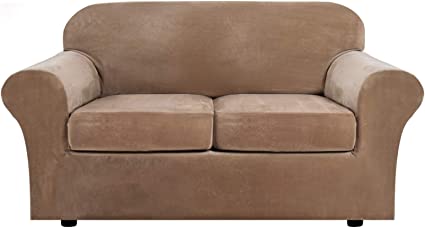 Photo 1 of 3 Piece Stretch Sofa Covers Couch Covers for 2 Cushion Couch Loveseat Covers (Base Cover Plus 2 Individual Cushion Covers) Feature Thick Soft Stay in Place (Medium Sofa, Camel)