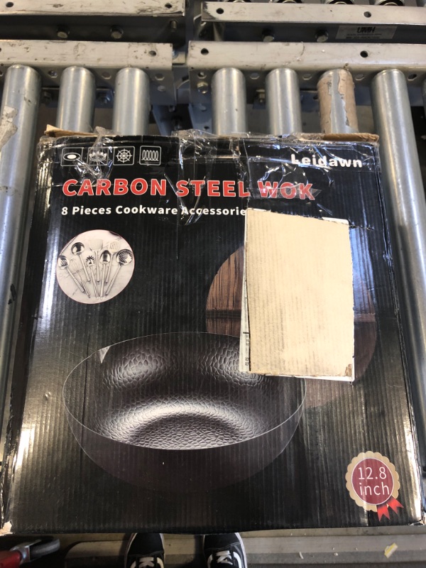 Photo 3 of 12.8"Carbon Steel Wok - 11Pcs Woks and Stir Fry Pans with Wooden Handle and Lid,10 Cookware Accessories,For Electric,Induction and Gas Stoves