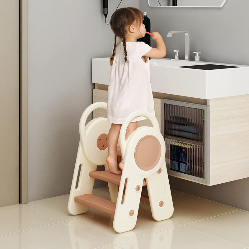 Photo 1 of BanaSuper Foldable Toddler Step Stool with Safety Handrail for Kitchen Counter Bathroom Sink Kids Adjustable Toilet Potty Training Stool Children Step Ladder Learning Helper with Non-Slip Pads?Pink?
